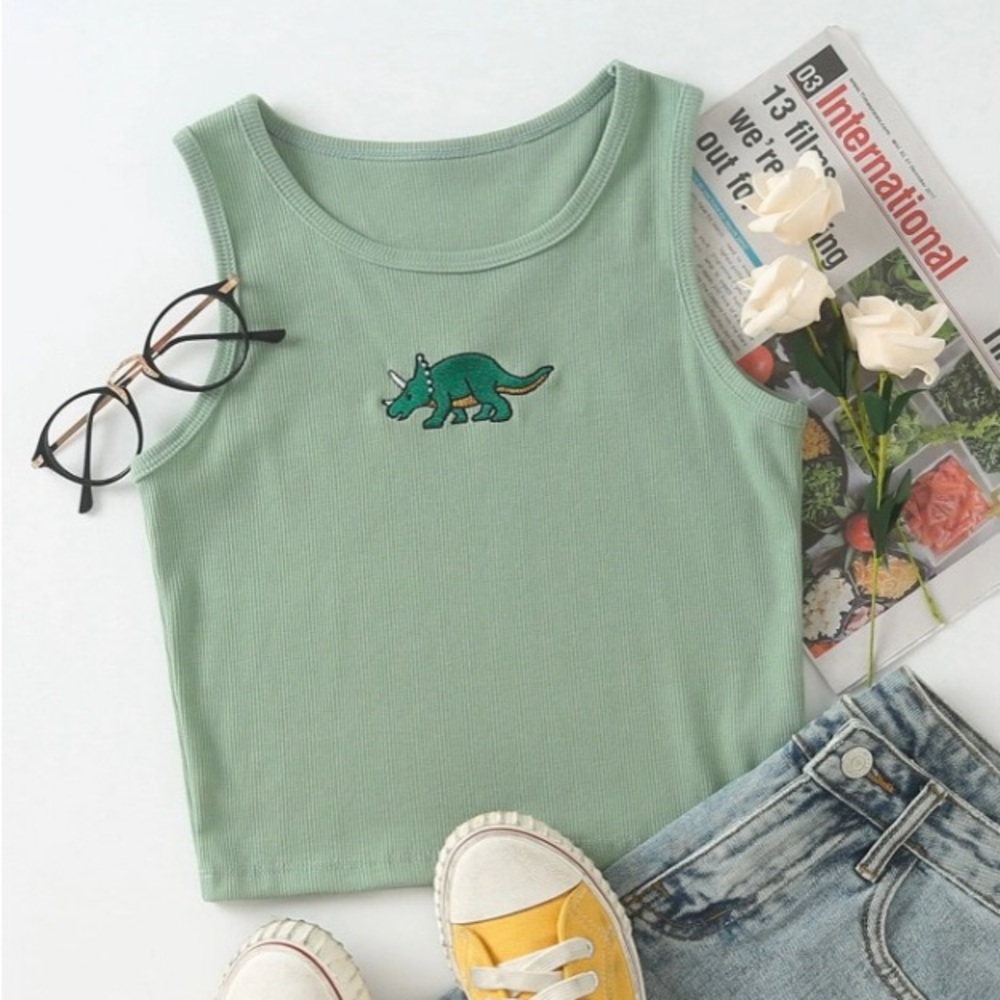 Large green ribbed cropped tank top with green dinosaur patch